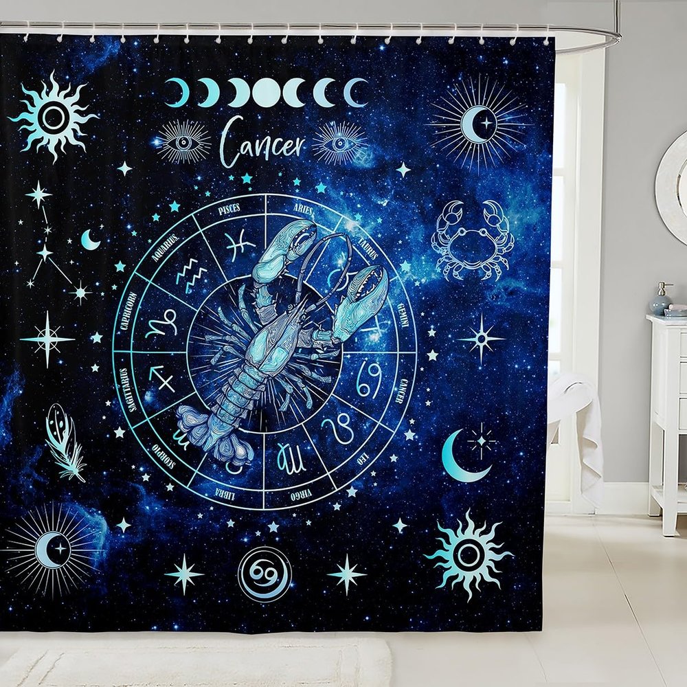 Cancer Kids Shower Curtains,12 Constellations Astrology Zodiac Bathroom Curtains for Girls Boys Adults,Sun Moon Starry Sky Galaxy Trippy Blue Waterproof Curtains,12 Hooks Suits,72" W x 78" L