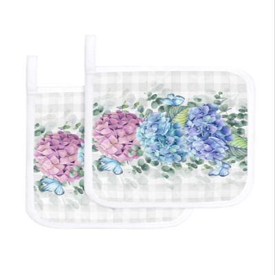 2 PCS Pot Holders with Hanging Loops, Pink Blue Purple Hydrangea Heatresistant Potholders Coasters Mat for Kitchen Cooking Baking BBQ Summer Floral Botanical Plaid
