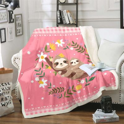 Cute Sloth Sherpa Blanket Animal Blanket for Kids, Pink Buffalo Throw Blanket for Sofa Twin Size White Yellow Flower Fleece Blanket, Kawaii Heart Print Plush Blanket Cartoon Style Bedroom Decor