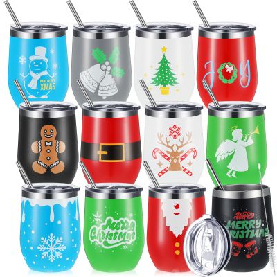 Gejoy 12 Pcs Christmas Tumbler, 12 oz Stainless Steel Tumbler with Lid, Travel Wine Mug Tea Bottle Christmas Vacuum Double Layer Coffee Mug