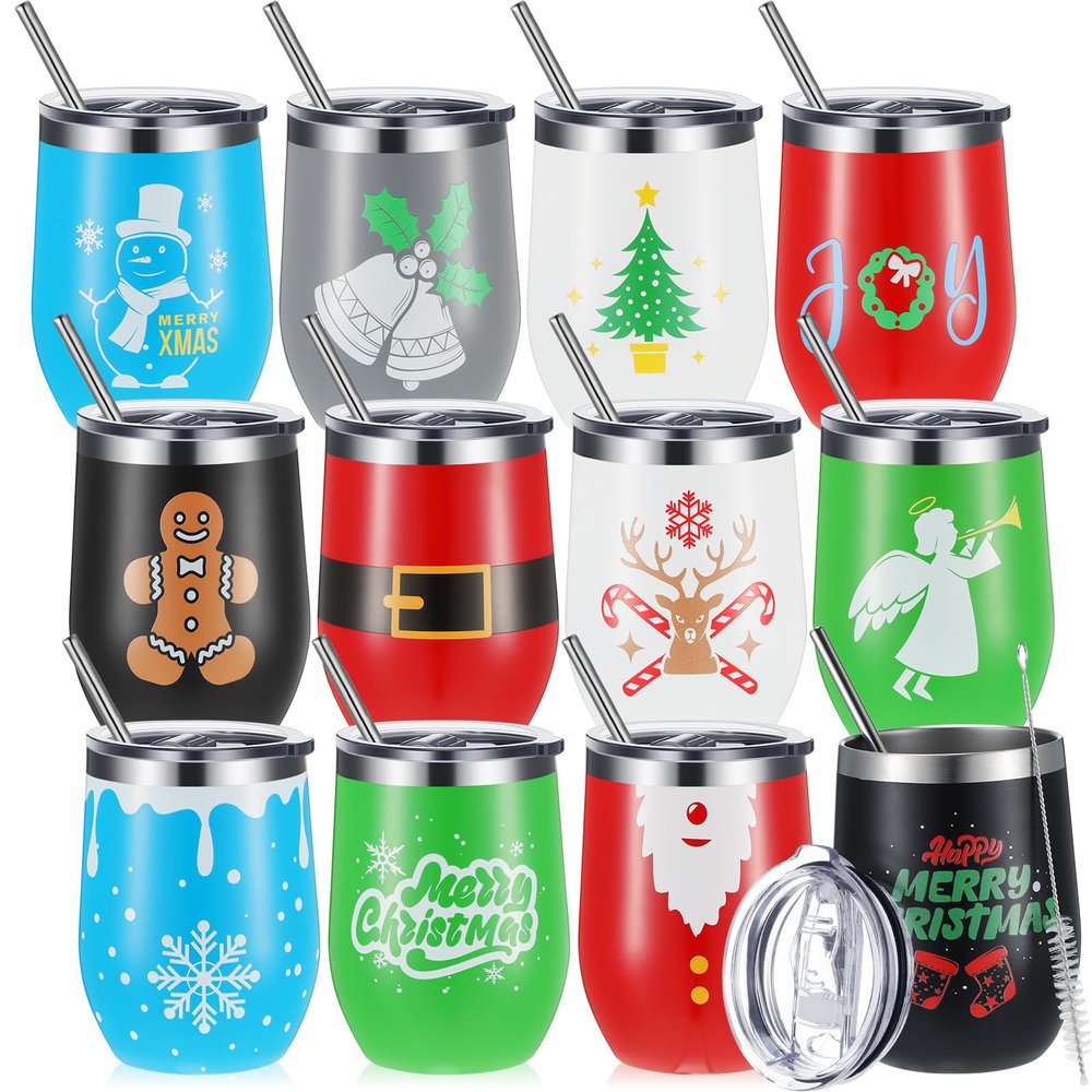Gejoy 12 Pcs Christmas Tumbler, 12 oz Stainless Steel Tumbler with Lid, Travel Wine Mug Tea Bottle Christmas Vacuum Double Layer Coffee Mug