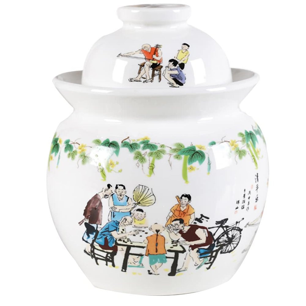 ZHOUXIAO White Traditional Chinese Ceramic Fermentation Crock Jar Pickling Jar with Water Seal Airlock Lid,Large Thickened Ceramic Pickle Jar Kimchi Pot Storage Containers 2KG