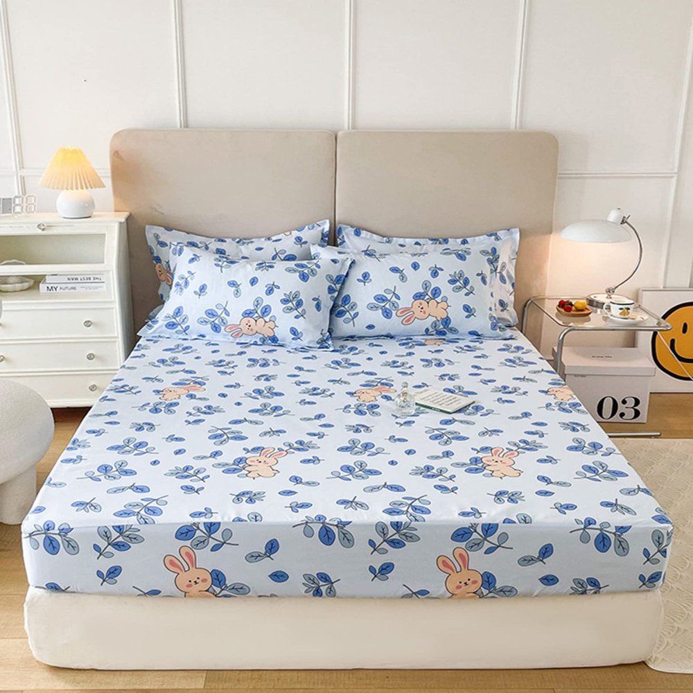 FCLDESHOP Fitted Bottom Sheet,Thick Brushed Bedding Fitted Sheets,Boys Girls Bedroom Cartoon Anime Mattress Topper Available in All Seasons,Rabbit,200220cm (3pcs)