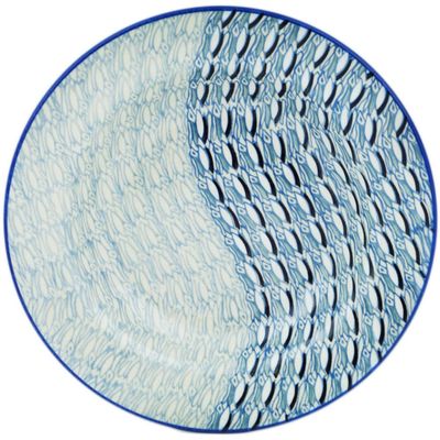 Polmedia Polish Pottery Pasta Bowl 9-inch UNIKAT - Blue Wave Pattern Handmade in Boleslawiec Poland by Ceramika Artystyczna + Certificate of Authenticity