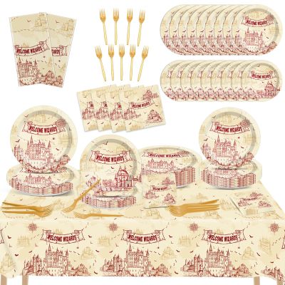 24 Guests Wizard Party Supplies Welcome Wizard Party Decorations Halloween Tableware Sets Includes Magical Plates Magical Theme Tablecloth Forks Napkins for Baby Shower Boy Girl Birthday