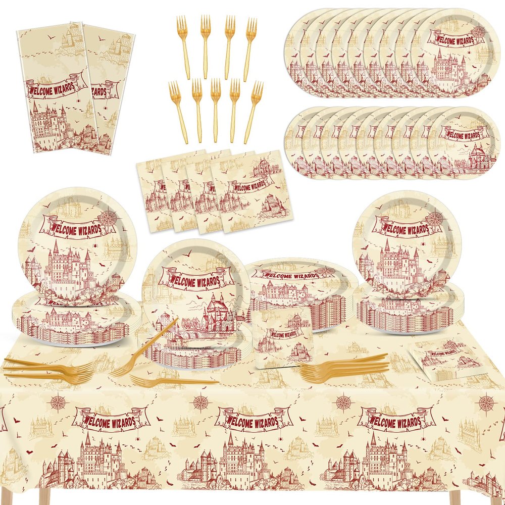 24 Guests Wizard Party Supplies Welcome Wizard Party Decorations Halloween Tableware Sets Includes Magical Plates Magical Theme Tablecloth Forks Napkins for Baby Shower Boy Girl Birthday