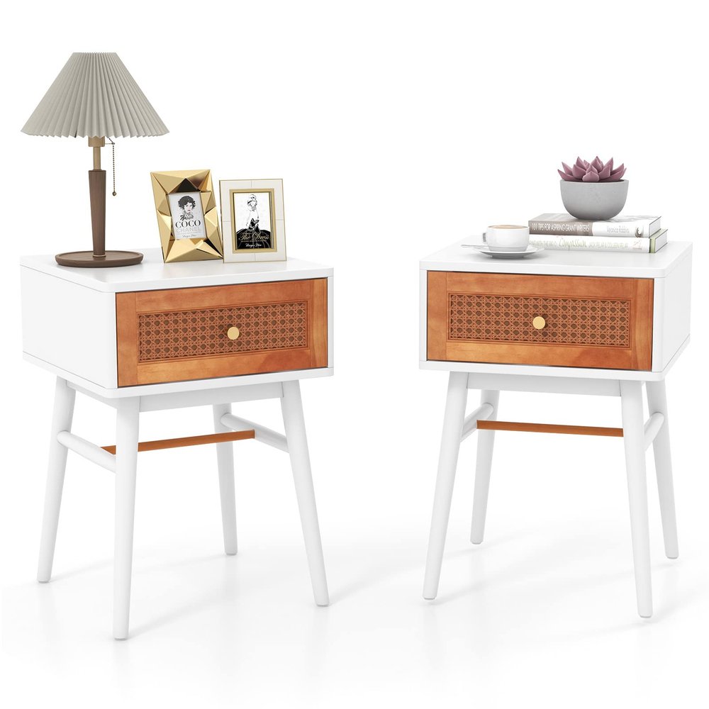Giantex Rattan Nightstand Set of 2, Boho End Side Table with Rattan Decorated Storage Drawer & Solid Wood Legs, Mid-Century Modern Bedside Table for Bedroom Small Space, Easy Assembly