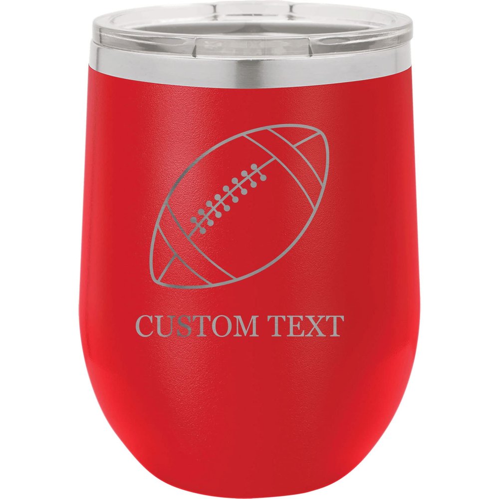12-Ounce Vacuum Insulated Stainless Steel Wine Tumbler Customized Double-Walled Laser Engraved Liquor Alcohol Coffee Closing Travel Mug, Red Football, Personalized