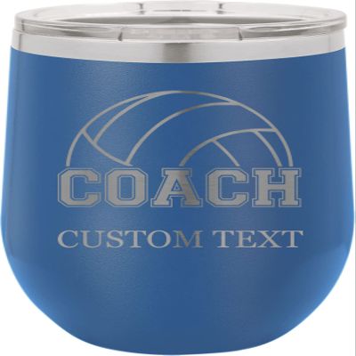 12-Ounce Vacuum Insulated Stainless Steel Wine Tumbler Customized Double-Walled Laser Engraved Liquor Alcohol Coffee Closing Travel Mug, Light Blue Volleyball Coach, Personalized