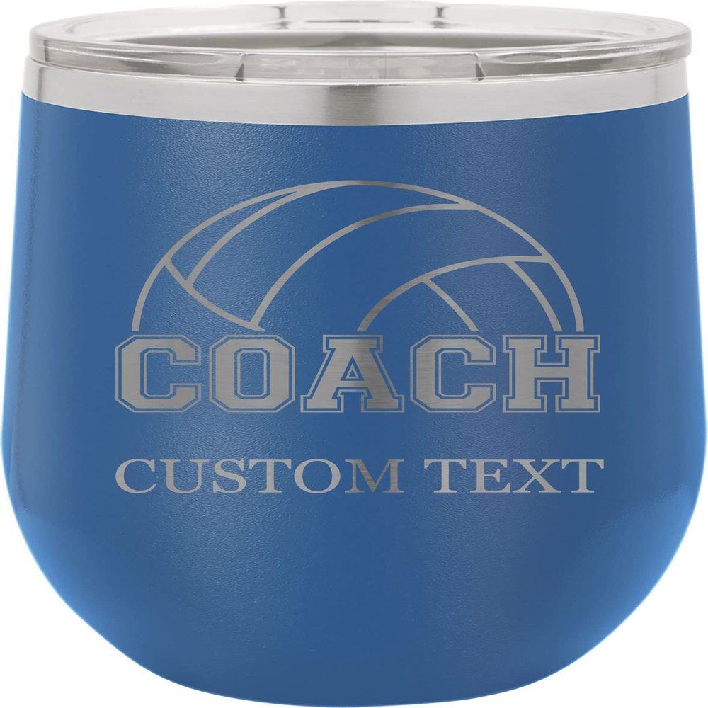 12-Ounce Vacuum Insulated Stainless Steel Wine Tumbler Customized Double-Walled Laser Engraved Liquor Alcohol Coffee Closing Travel Mug, Light Blue Volleyball Coach, Personalized