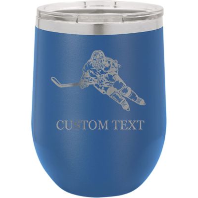 12-Ounce Vacuum Insulated Stainless Steel Wine Tumbler Customized Double-Walled Laser Engraved Liquor Alcohol Coffee Closing Travel Mug, Blue Women's Hockey Goalie, Personalized