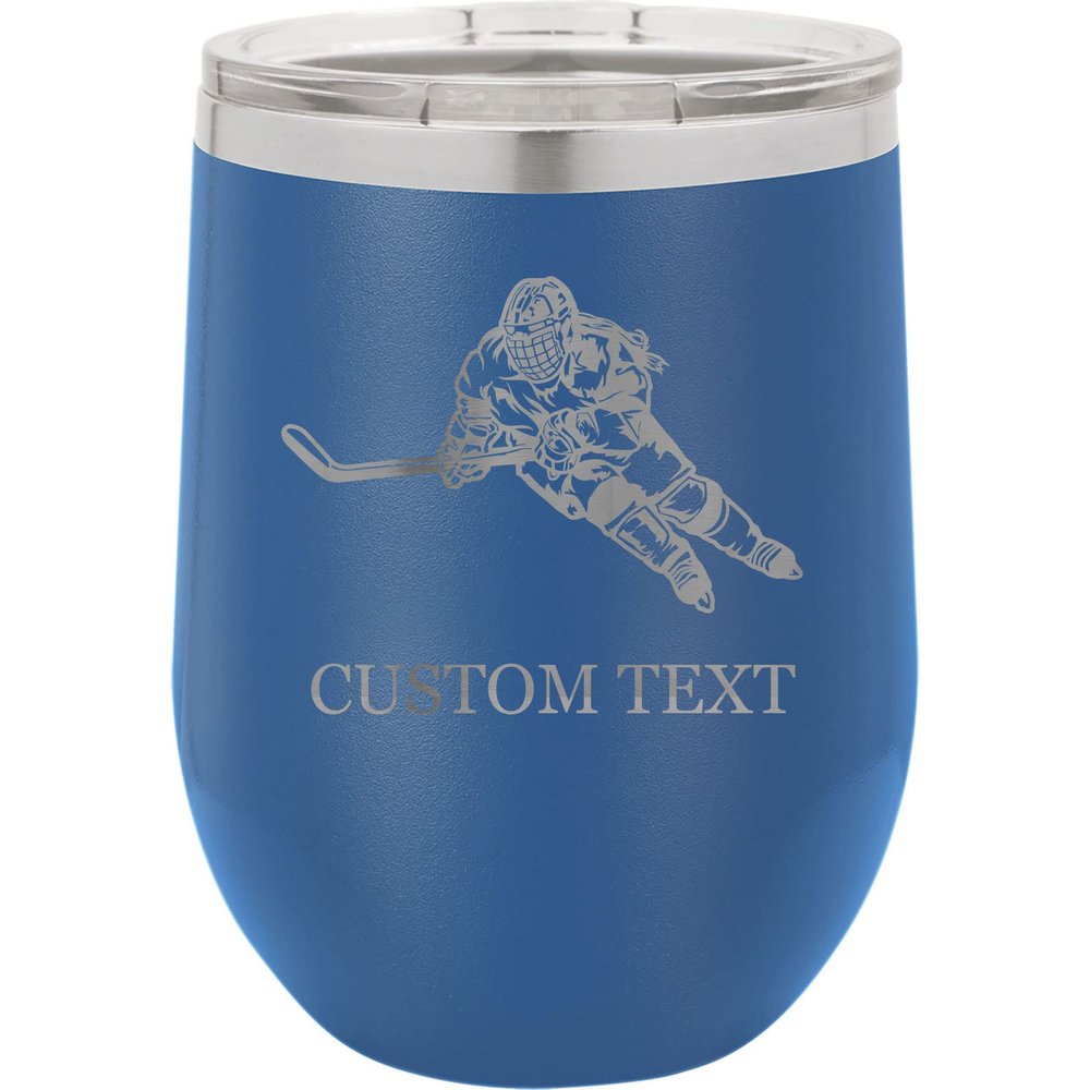 12-Ounce Vacuum Insulated Stainless Steel Wine Tumbler Customized Double-Walled Laser Engraved Liquor Alcohol Coffee Closing Travel Mug, Blue Women's Hockey Goalie, Personalized
