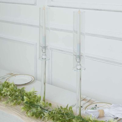 Tableclothsfactory 2 Pack | 26" Tall Clear Crystal Glass Hurricane Taper Candle Holders with Cylinder Chimney Tubes