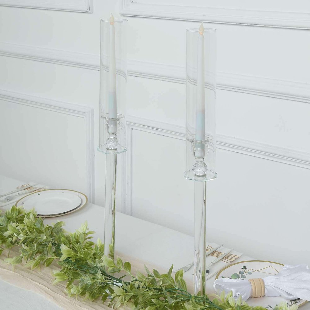 Tableclothsfactory 2 Pack | 26" Tall Clear Crystal Glass Hurricane Taper Candle Holders with Cylinder Chimney Tubes