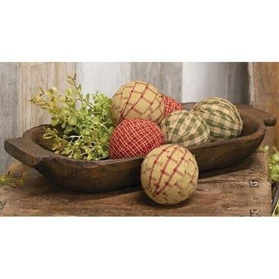 6 Burgundy Tan Homespun Gingham Rag Balls 2.25" Primitive Bowl Fillers for Kitchen, Farmhouse, Holiday, Home Decor