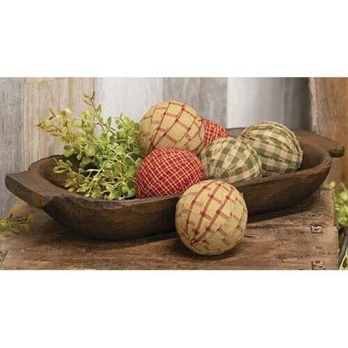 6 Burgundy Tan Homespun Gingham Rag Balls 2.25" Primitive Bowl Fillers for Kitchen, Farmhouse, Holiday, Home Decor