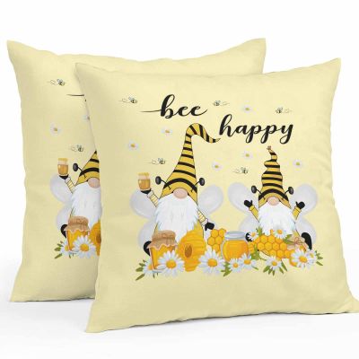 Chucoco Waterproof Pillow Covers for Couch Throw Pillow Cases Set of 2, Farmhouse Gnome Spring Bee and Flower Decorative Cushion Pillow Covers 18x18In,Indoor Outdoor Decoration Cream Yellow