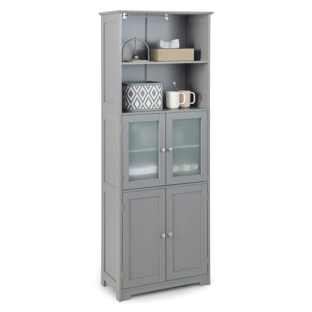 Tangkula Tall Bathroom Storage Cabinet, Freestanding Floor Cabinet w/2 Glass Doors & 2 Open Shelves, 3-Position Adjustable Shelves, Anti-toppling Design, 64 Tall Pantry Cupboard for Kitchen