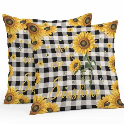 Chucoco Waterproof Pillow Covers for Couch Throw Pillow Cases Set of 2, Farm Sunflowers Honeybee Decorative Cushion Pillow Covers 18x18In,Indoor Outdoor Decoration Rural Bee and Blossoms Floral
