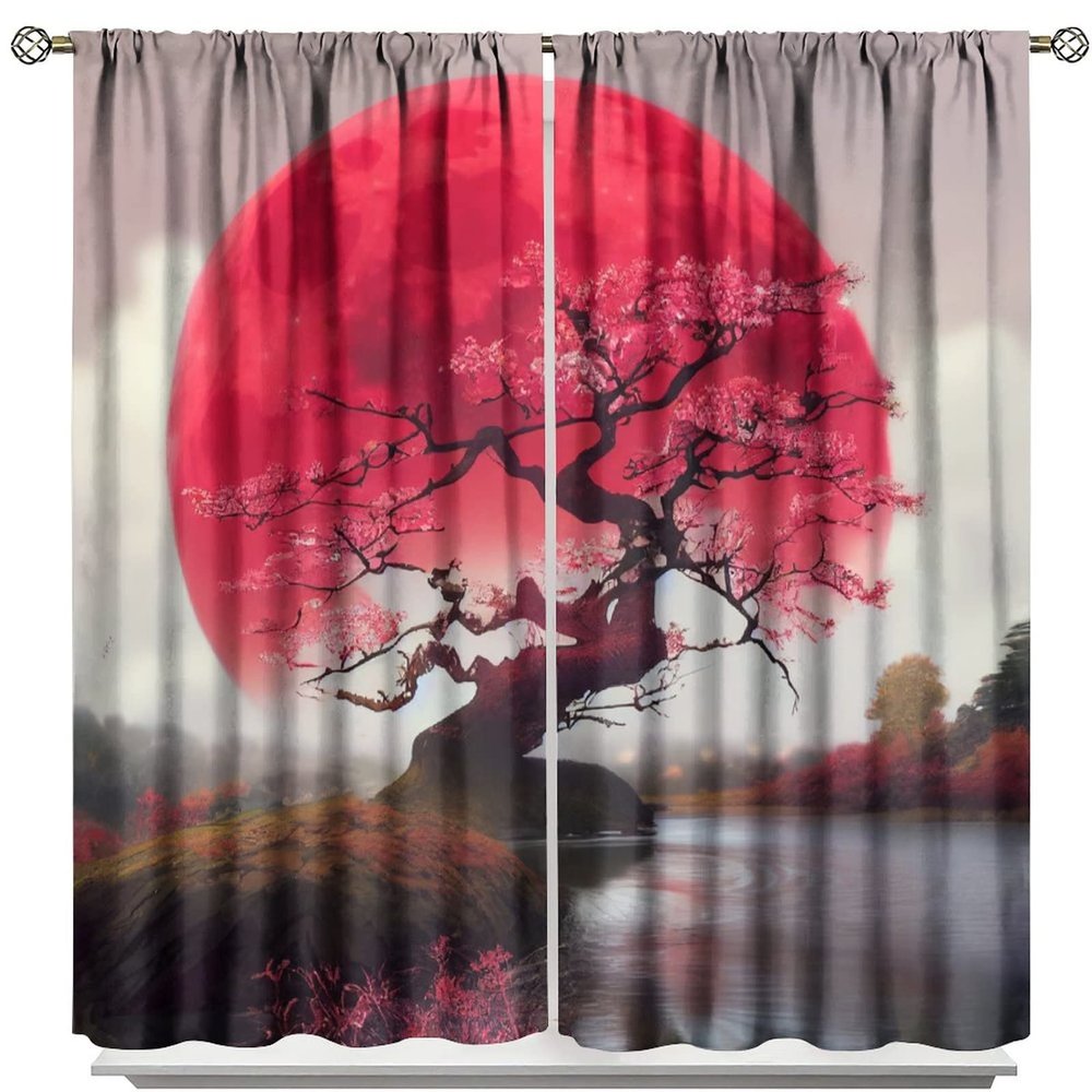 Japanese Red Tree Blackout Curtains, Red Moon Side by The Lake, Abstract Watercolor Eastern Art Style Romantic Cherry Blossom Floral Scenery Curtains for Living Room Bedroom 63x72in