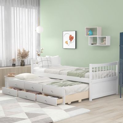Flieks Daybed Twin Captain's Bed Storage Daybed with Trundle and Drawers for Kids Teens and Adults, White