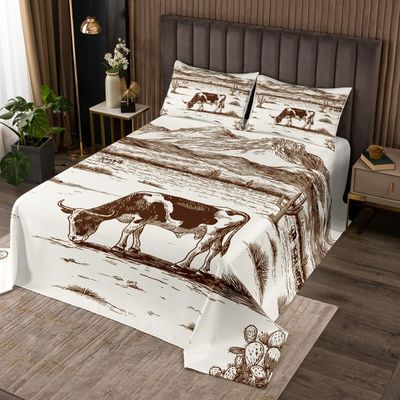 Erosebridal Cow Quilt Set for Kids Children Western Bedspread Set Twin Milk Cow Cowboy Farmhouse Country Hand Drawn Illustration Coverlet Set Rustic Mountain Desert Cactus Room Decor Bed Set