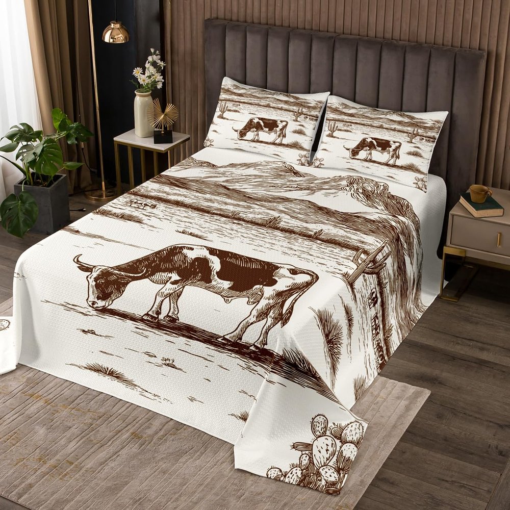 Erosebridal Cow Quilt Set for Kids Children Western Bedspread Set Twin Milk Cow Cowboy Farmhouse Country Hand Drawn Illustration Coverlet Set Rustic Mountain Desert Cactus Room Decor Bed Set