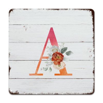 ArogGeld Initial Letter A Red Metal Sign Monogram White Floral Metal Tin Sign Metal Monogram Decorative Home Wall Art Flowers Floral 10x10in Chic Wall Plaque Poster for Home Bar Coffee Shop