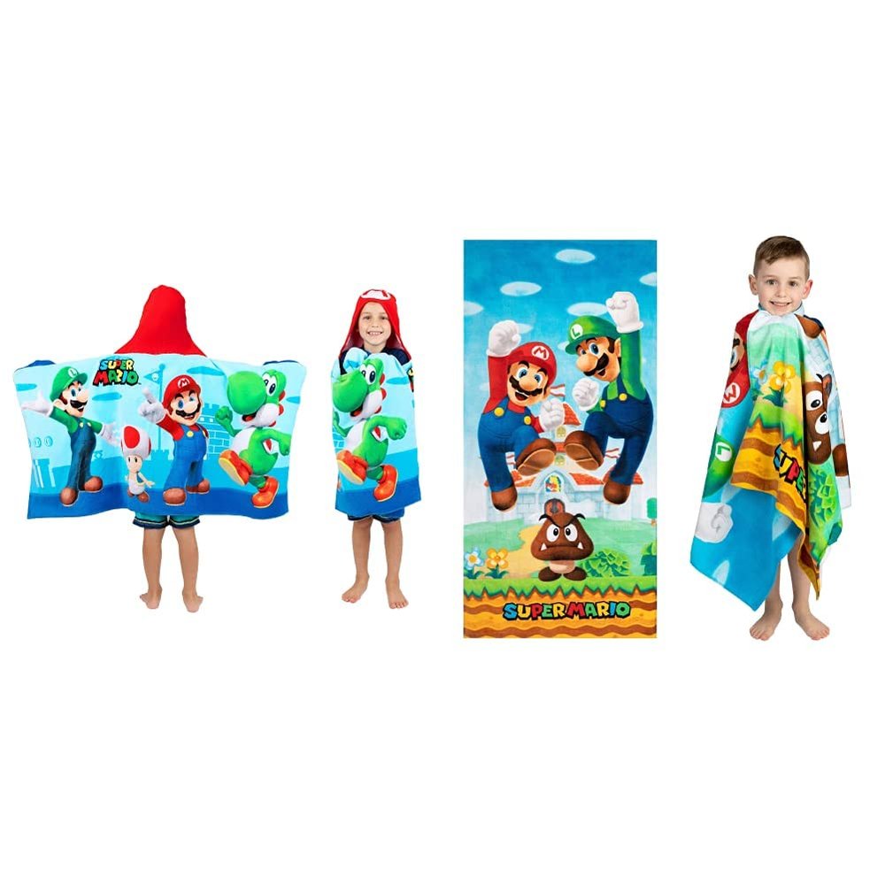 Franco Super Mario Bath and Beach Towel Bundle for Kids | Includes Super Soft Terry Hooded Towel Wrap (24" x 50") and Cotton Beach Towel (28" x 58")