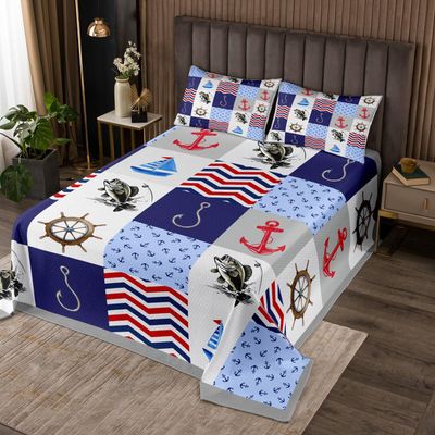 Castle Fairy Nautical Anchor Quilt Bedding Set Queen Size,Fishing Fishhook Boat Rudder Print Bedspread Coverlet for Girls Teens,Ocean Sea Plaid Geometric Soft Polyester Quilt Set, All Season