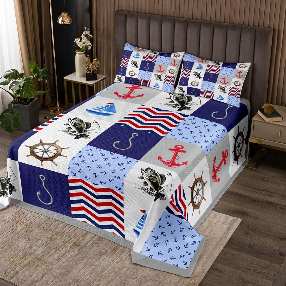 Castle Fairy Nautical Anchor Quilt Bedding Set Queen Size,Fishing Fishhook Boat Rudder Print Bedspread Coverlet for Girls Teens,Ocean Sea Plaid Geometric Soft Polyester Quilt Set, All Season