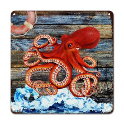 ArogGeld Nautical Coastal Octopus Life Buoy Sailboat Tin Sign Sea Wave Metal Wall Art Nautical Theme Decorative Home Wall Art 10x10in Artistic Decoration Sign for Man Cave Garage Far Bar Pub