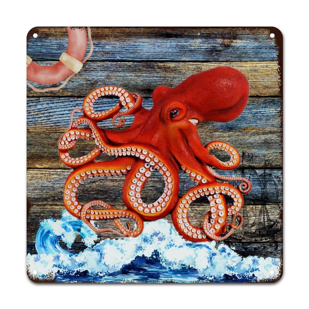 ArogGeld Nautical Coastal Octopus Life Buoy Sailboat Tin Sign Sea Wave Metal Wall Art Nautical Theme Decorative Home Wall Art 10x10in Artistic Decoration Sign for Man Cave Garage Far Bar Pub