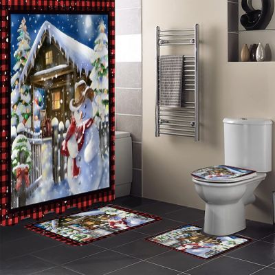 Farmhouse Snowman Bathroom Set with Shower Curtain and Rug and Accessories - 72x72 Inches Long Bathtub Curtain with Small Bath Mat,Bathtub Floor Runner Rug Set,Hooks Christmas Snowy Tree Plaid Red