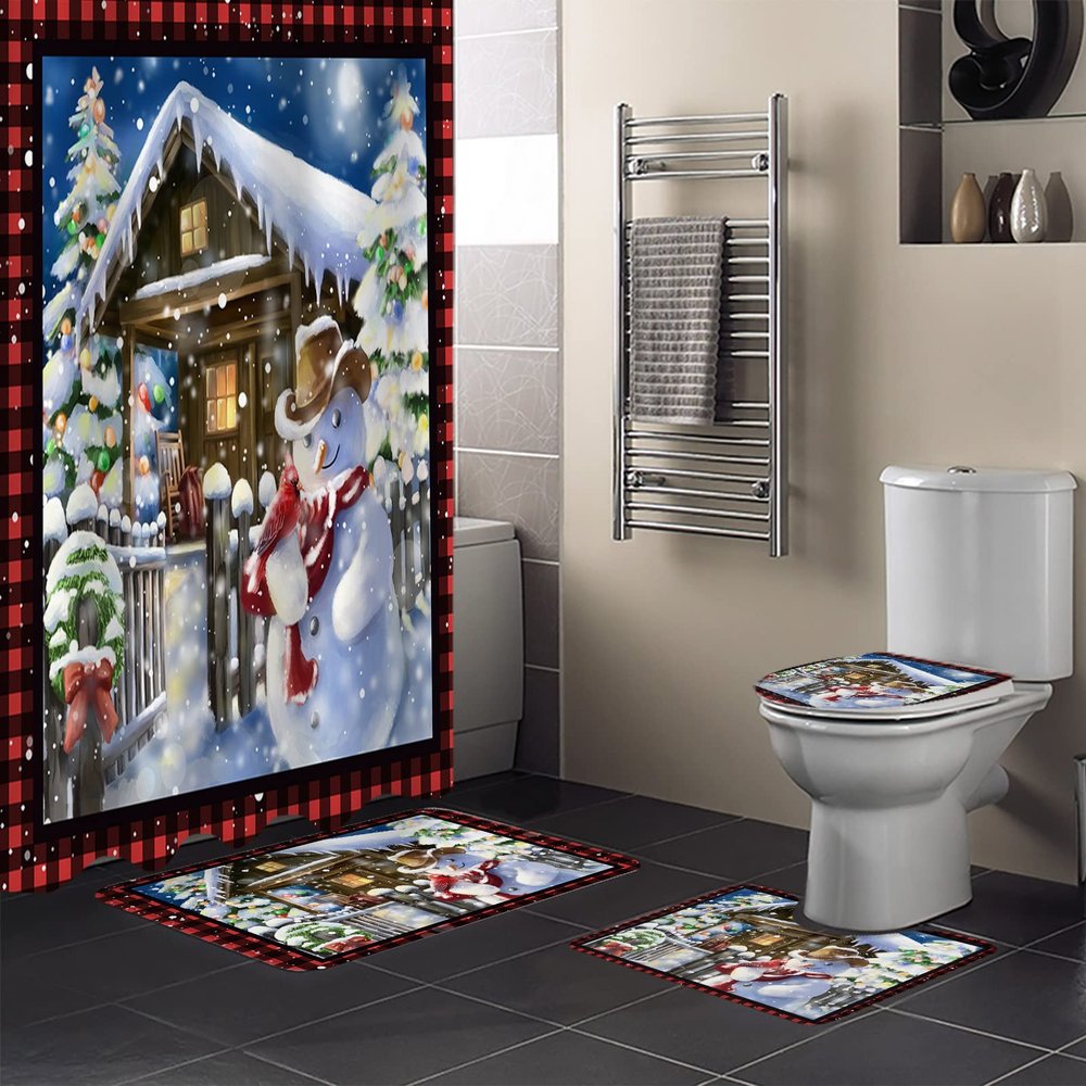 Farmhouse Snowman Bathroom Set with Shower Curtain and Rug and Accessories - 72x72 Inches Long Bathtub Curtain with Small Bath Mat,Bathtub Floor Runner Rug Set,Hooks Christmas Snowy Tree Plaid Red