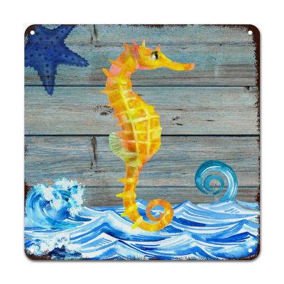 ArogGeld Nautical Coastal Seahorse Starfish Metal Sign Sea Wave Aluminum Metal Sign Nautical Theme Home Sign Wall Decor 10x10in Funny Decoration Sign for Home Coffee Cafes Office Store