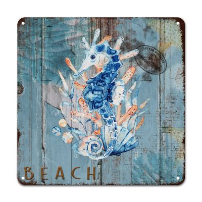 ArogGeld Mid Century Seahorse Beach Metal Sign Blue Wood Grain Metal Wall Art Nautical Theme Decorative Home Wall Art 10x10in Vintage Nautical Wall Plaque Poster for Bar Home Coffee Man Cave Kitchen