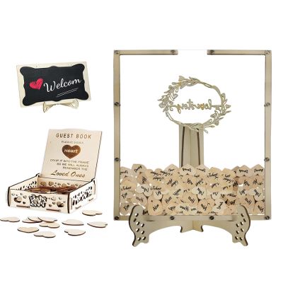 Heart Wedding Guest Book Alternative, Rustic Wooden Wedding Souvenirs Wedding Guest Book with Stand 100 Wooden Hearts for Baby Shower Wedding (Square)