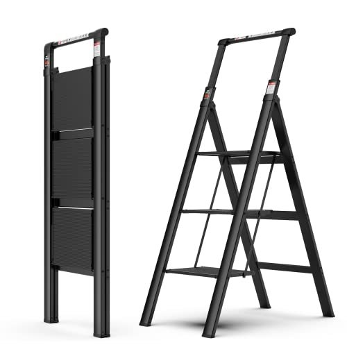 3 Step Ladder Retractable Handgrip Folding Step Stool Lightweight Folding Stepladders Home Improvement Step Stool 330lbs with Wide Anti-Slip Pedal for Home Kitchen (3 Step Ladder+ Aluminium + PC)