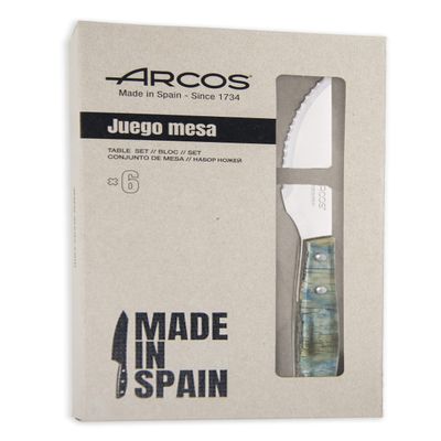 Arcos Table Knives - Steak Knives Set 6 pieces - Blade Nitrum Stainless Steel 4" / 110 mm - Serrated Edge - Compressed Wood Handle - Blue Color