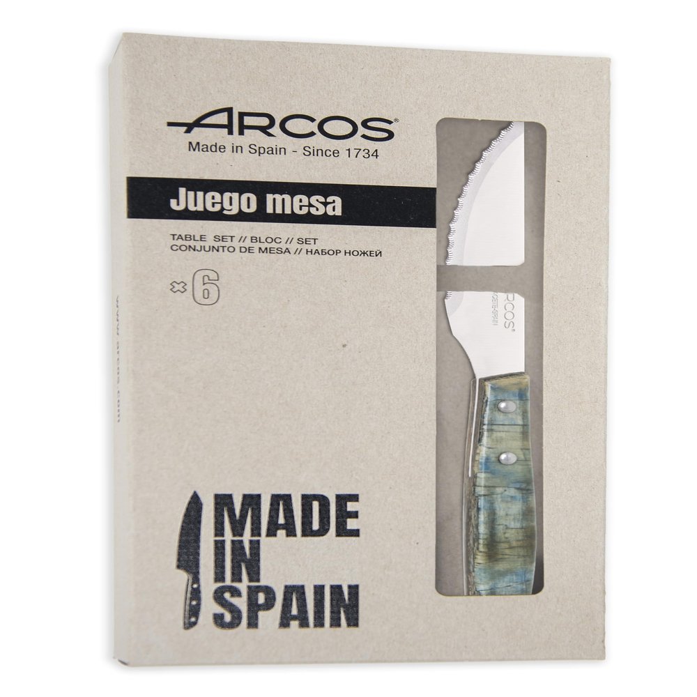 Arcos Table Knives - Steak Knives Set 6 pieces - Blade Nitrum Stainless Steel 4" / 110 mm - Serrated Edge - Compressed Wood Handle - Blue Color