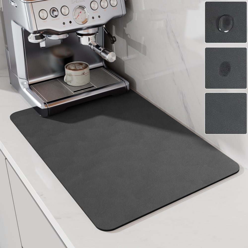 LIMNUO Coffee Mat Hide Stain Rubber, Coffee Maker Mat for Countertops, Backed Absorbent Dish Drying for Kitchen Counter (Grey, 16"x24")