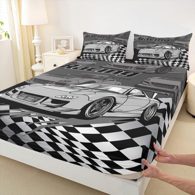 Silver Race Cars Kids Fitted Sheet Queen Size,Racing Flag Black White Checkered Bedding Set,Boys Girls Adults Room Decor,Extreme Sports Games Bed Cover, Bed Sheet,2 Pillowcases