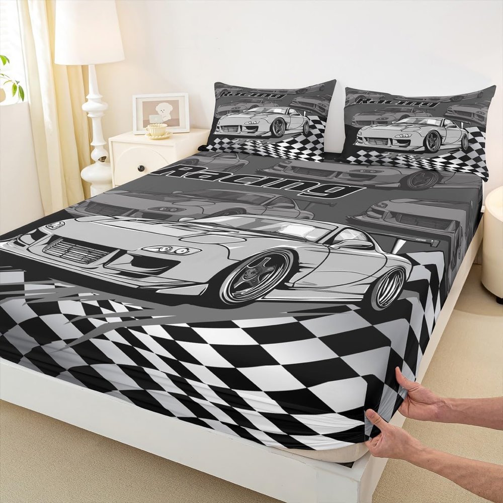 Silver Race Cars Kids Fitted Sheet Queen Size,Racing Flag Black White Checkered Bedding Set,Boys Girls Adults Room Decor,Extreme Sports Games Bed Cover, Bed Sheet,2 Pillowcases