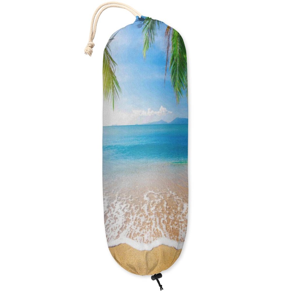 Palm Tropical Beach Plastic Bag Holder Grocery Bag Holder with Adjustment Drawstring Reusable Wall Mount Trash Bag Organizer Dispenser for Kitchen Home Travel,22 x 9 in