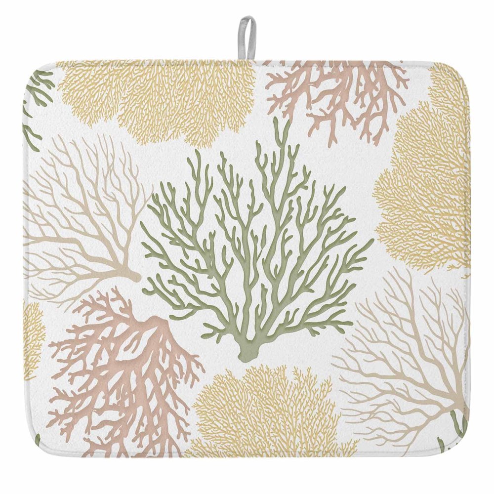 LIFEMUSION Teal Yellow Coral Dish Drying Mat for Kitchen Counter, Summer Beach Pink Beige Baby Bottle Microfiber Drying Pad, Ocean Nautical Coastal Absorbent Coffee Cup Dishes Drainer Mats 16"x18"