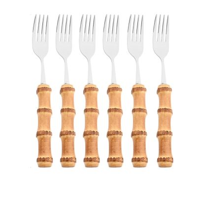 NEPIAN 6Pcs Gold Dinner Forks Dessert Fork Cutlery Set Imitation Bamboo Handle Dinnerware Stainless Steel Tableware Kitchen Silverware leisurely (Color : Silver)