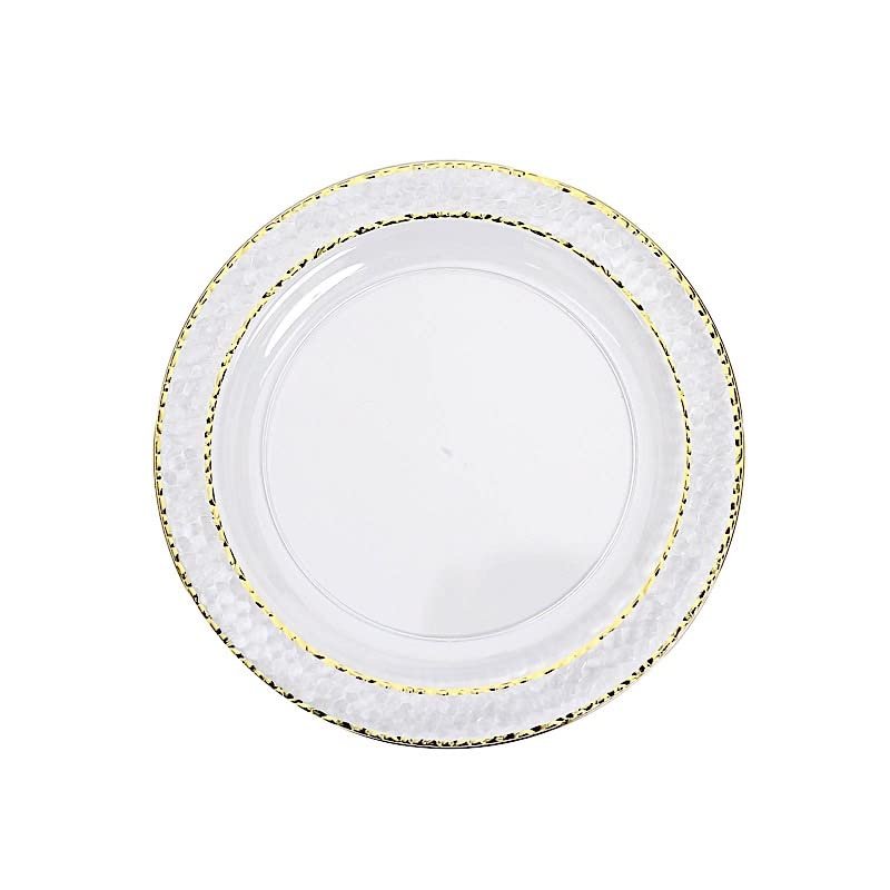Balsa Circle 10 Clear 7.5-Inch Round Plastic Salad Plates Gold Hammered Trim Disposable Wedding Reception Party Events Tableware
