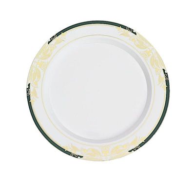 Balsa Circle 10 pcs 8-Inch wide White Plastic Salad Plates with Hunter Green and Gold Trim - Disposable Wedding Home Tableware Supplies