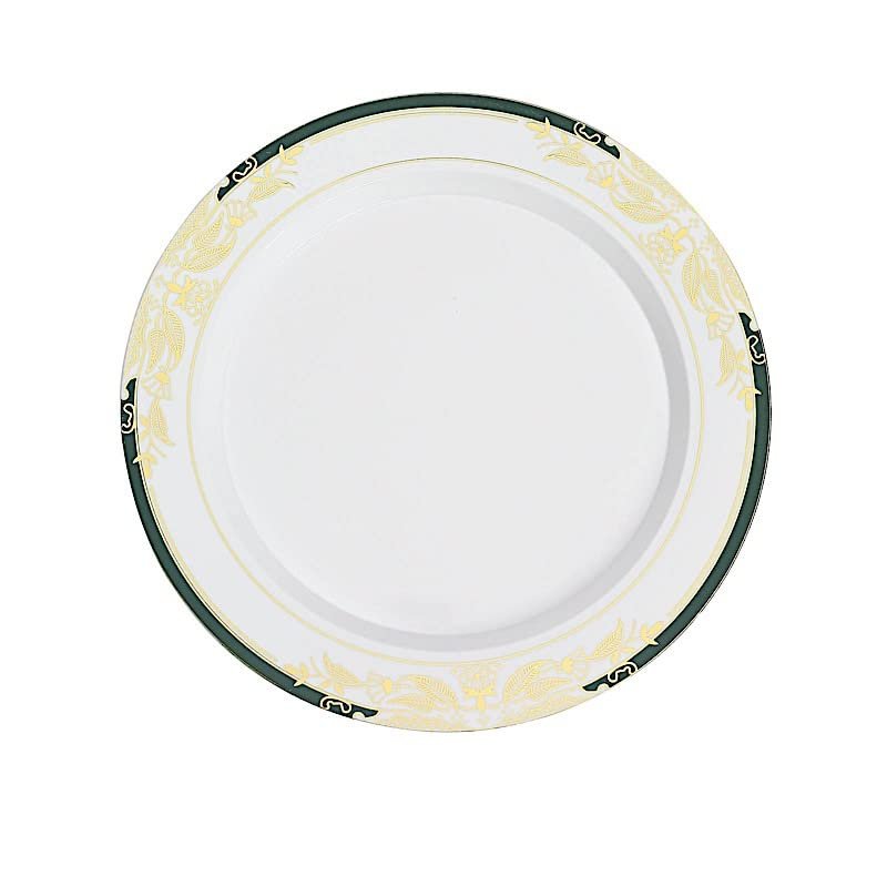 Balsa Circle 10 pcs 8-Inch wide White Plastic Salad Plates with Hunter Green and Gold Trim - Disposable Wedding Home Tableware Supplies